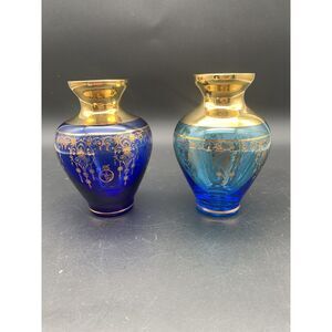 Ferro & Lazzarini Blue & Cobalt Blue 24kt Gold Art Glass Vases (2)  MURANO